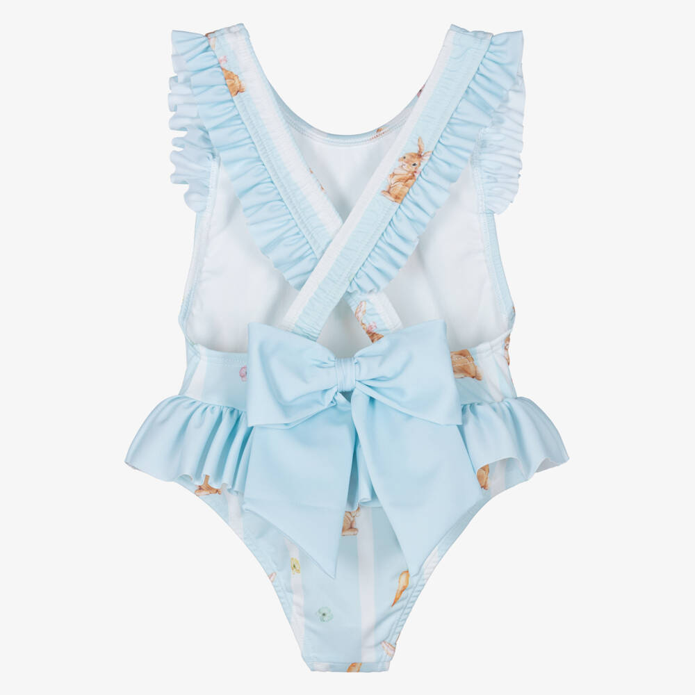 Meia Pata-Girls Pale Blue Swimsuit with Rabbit Print & Ruffles (UPF50+) | Childrensalon
