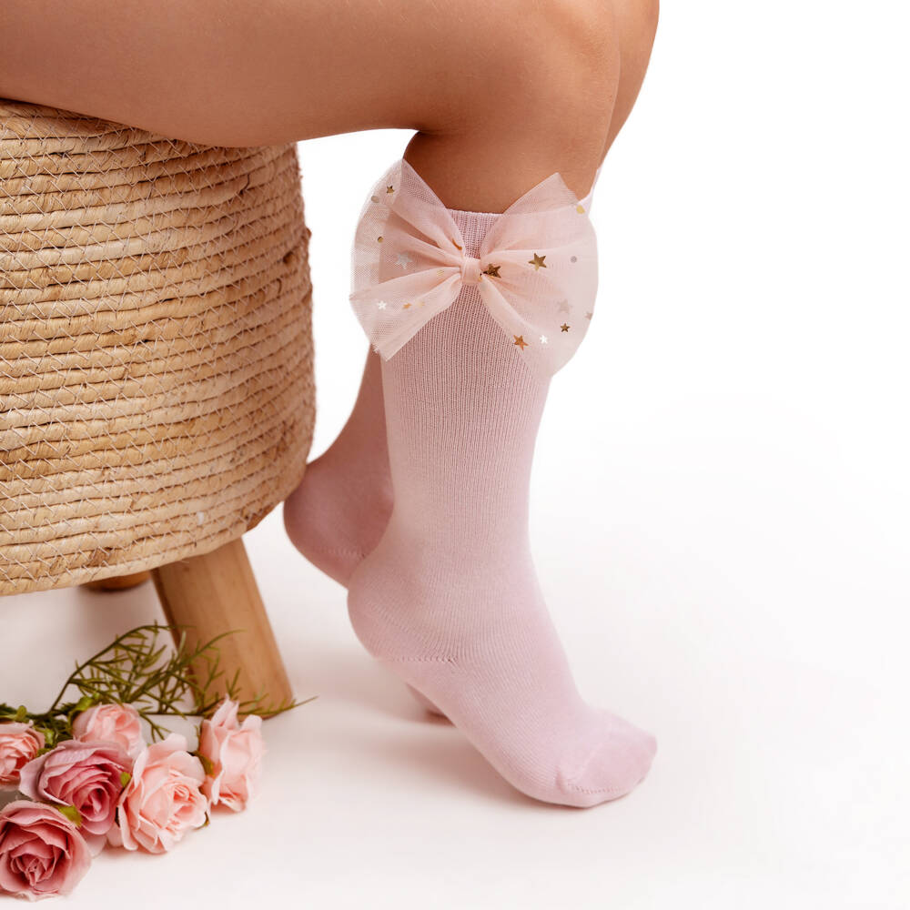 Meia Pata-Girls Pale Pink Knee High Socks with Lace Bows | Childrensalon
