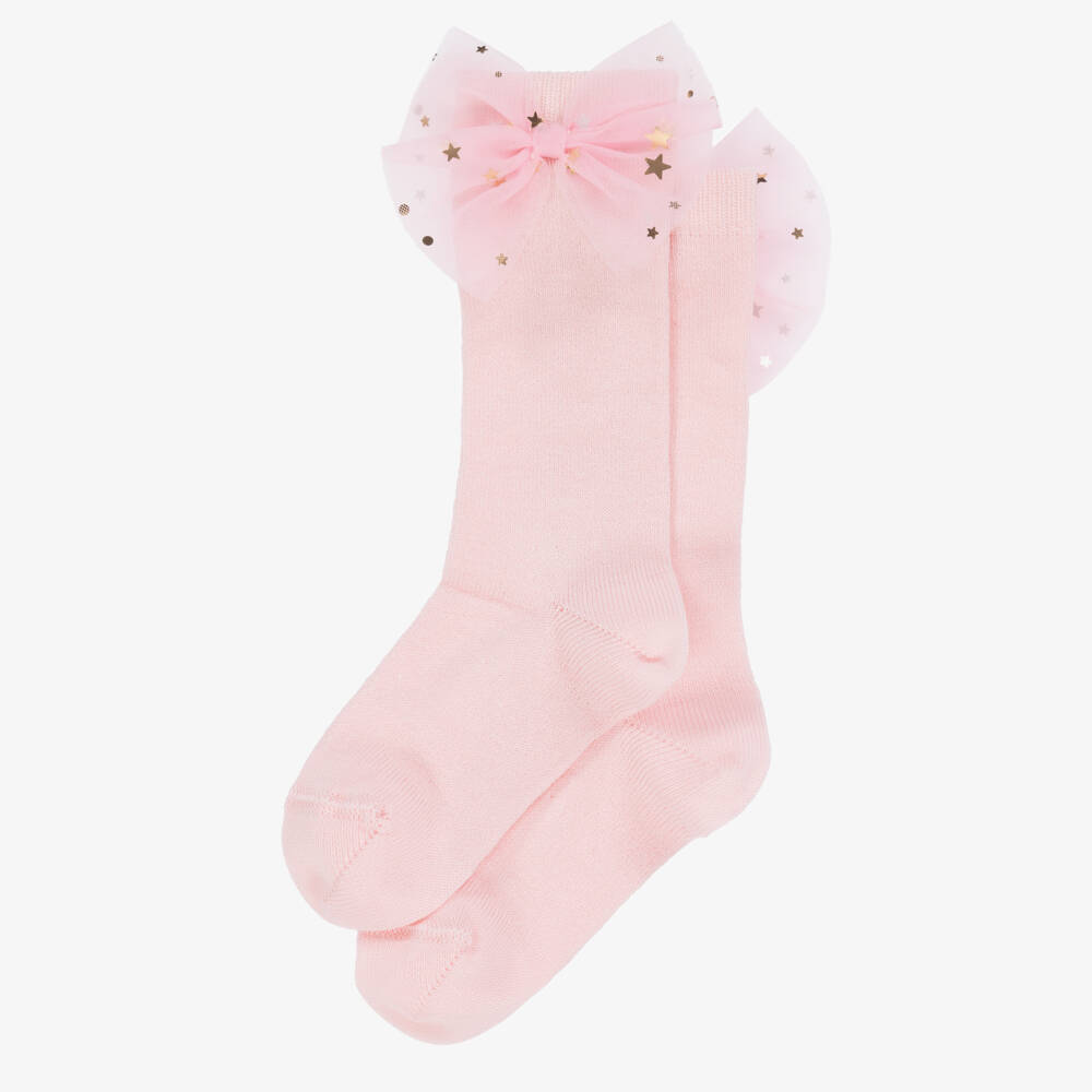 Meia Pata-Girls Pale Pink Knee High Socks with Lace Bows | Childrensalon