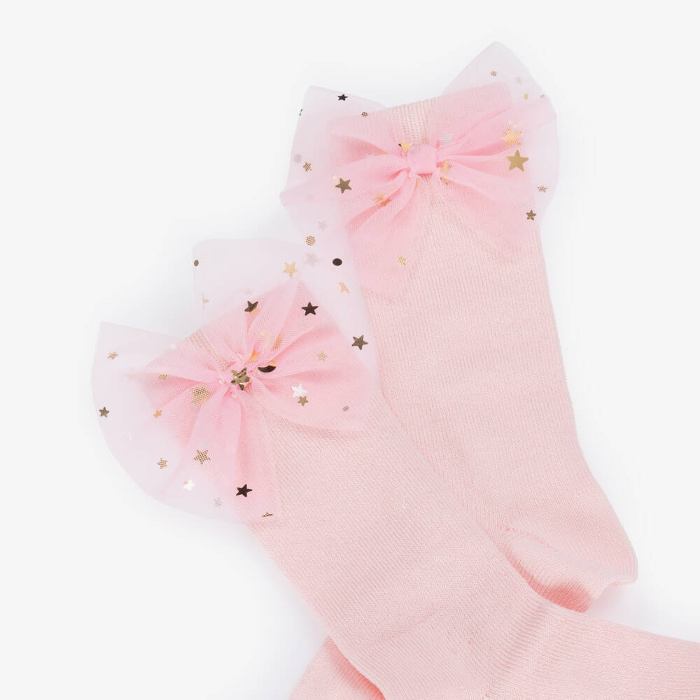 Meia Pata-Girls Pale Pink Knee High Socks with Lace Bows | Childrensalon