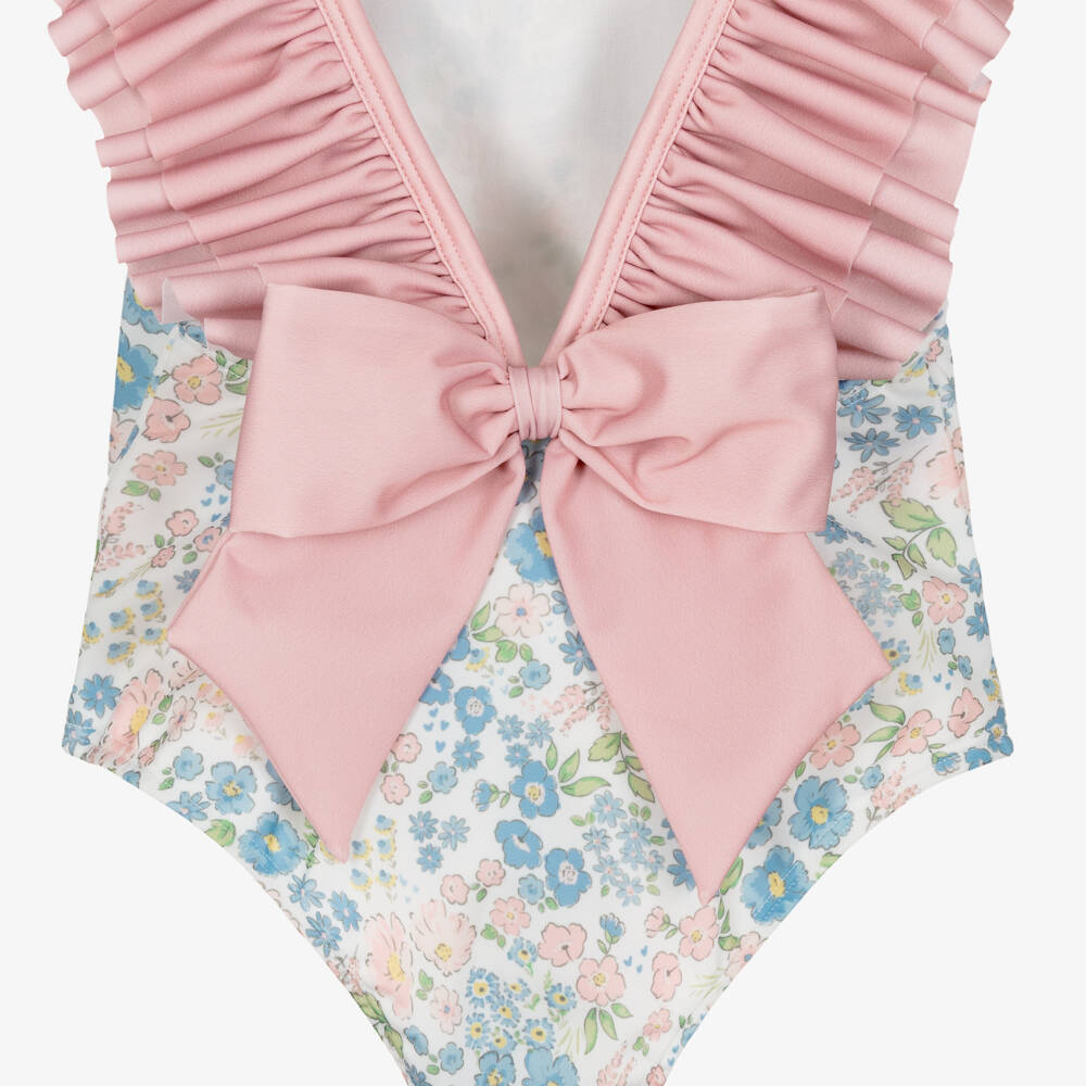 Meia Pata-Girls Pink & Blue Ruffle Swimsuit with Floral Print (UPF50+) | Childrensalon