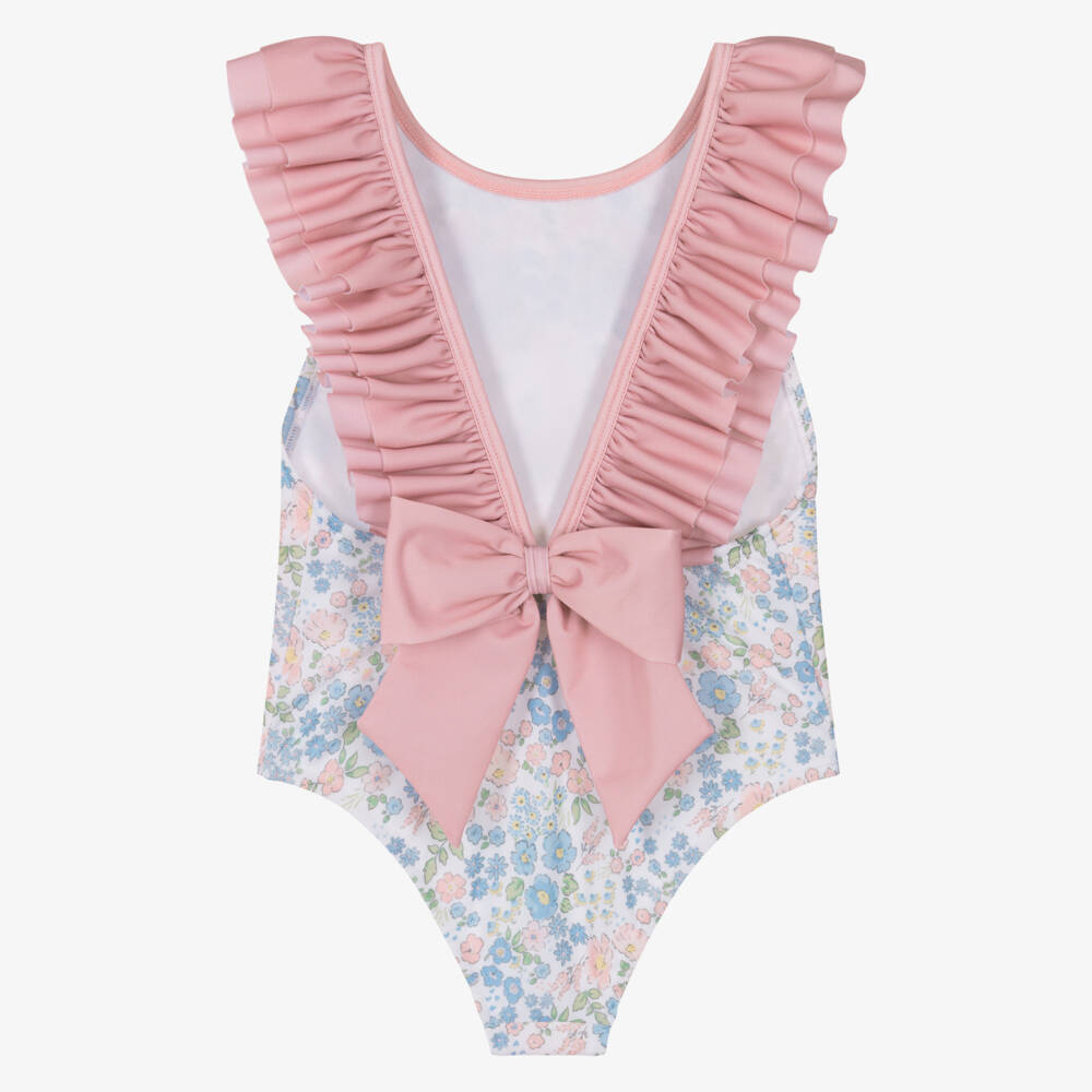 Meia Pata-Girls Pink & Blue Ruffle Swimsuit with Floral Print (UPF50+) | Childrensalon
