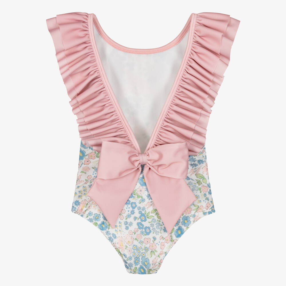Meia Pata-Girls Pink & Blue Ruffle Swimsuit with Floral Print (UPF50+) | Childrensalon