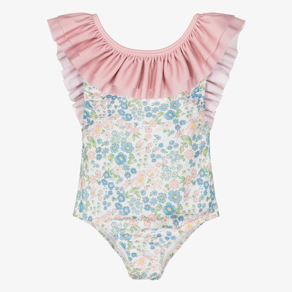 Meia Pata-Girls Pink & Blue Ruffle Swimsuit with Floral Print (UPF50+) | Childrensalon