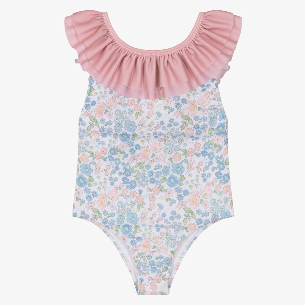 Meia Pata-Girls Pink & Blue Ruffle Swimsuit with Floral Print (UPF50+) | Childrensalon