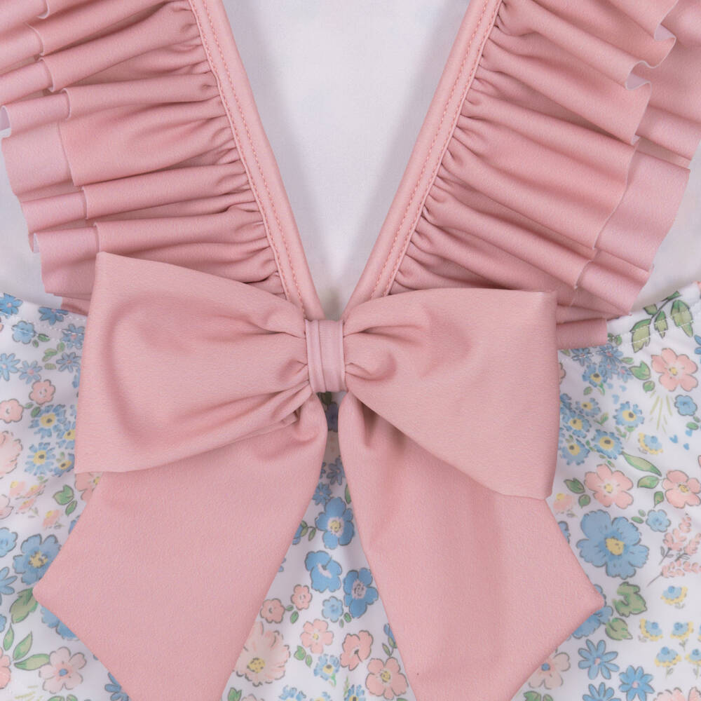 Meia Pata-Girls Pink & Blue Ruffle Swimsuit with Floral Print (UPF50+) | Childrensalon