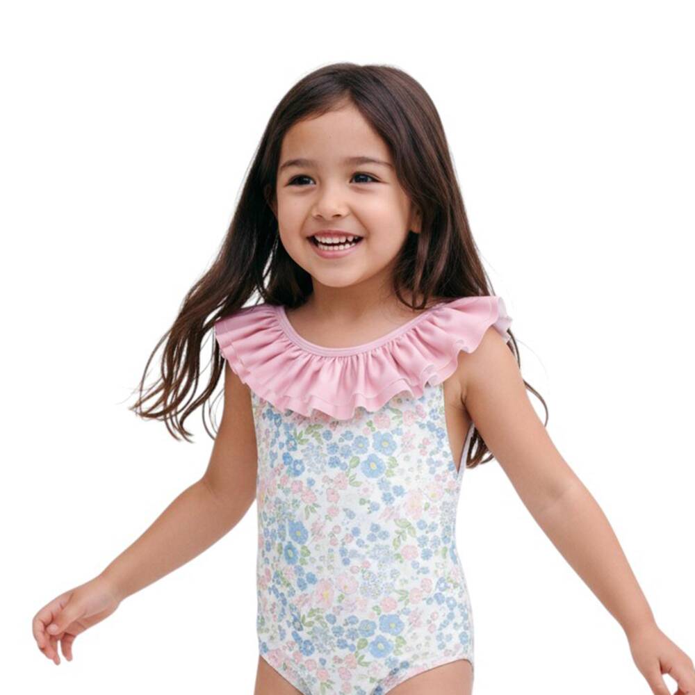 Meia Pata-Girls Pink & Blue Ruffle Swimsuit with Floral Print (UPF50+) | Childrensalon