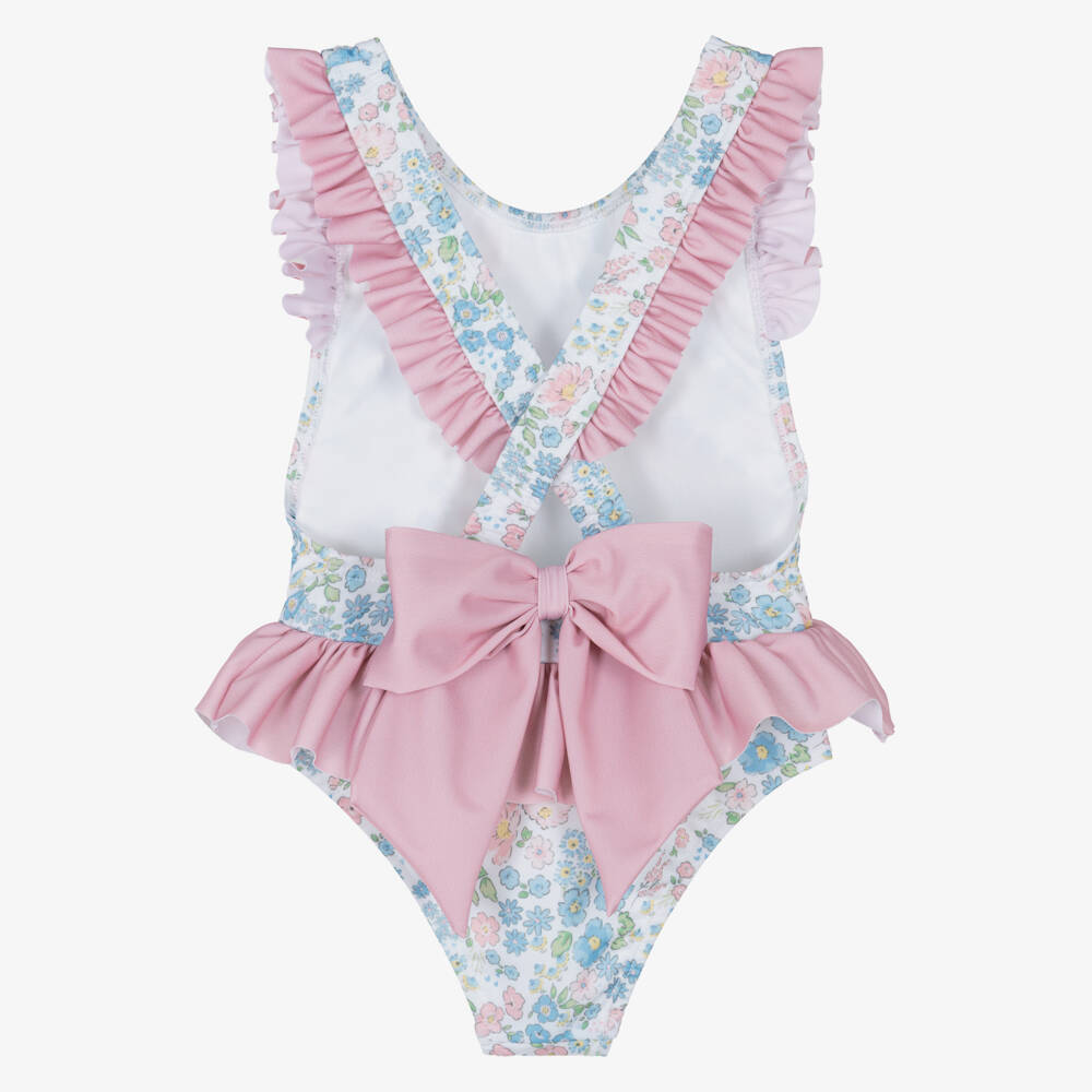 Meia Pata-Girls Pink & Blue Swimsuit with Floral Print & Ruffles (UPF50+) | Childrensalon