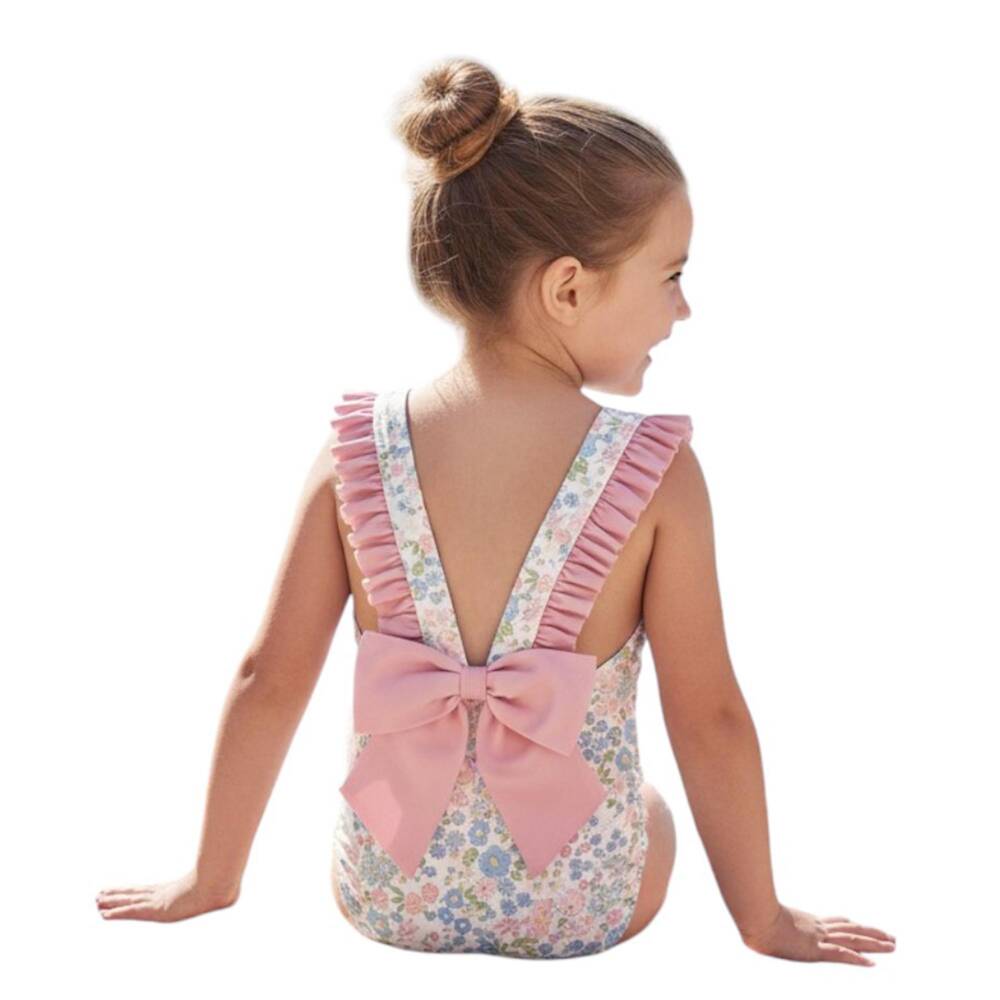 Meia Pata-Girls Pink & Blue Swimsuit with Floral Print & Ruffles (UPF50+) | Childrensalon