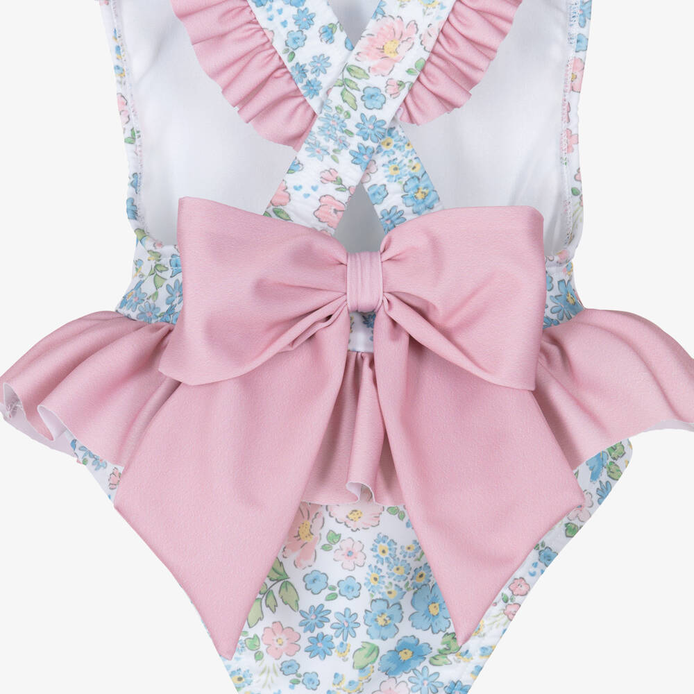 Meia Pata-Girls Pink & Blue Swimsuit with Floral Print & Ruffles (UPF50+) | Childrensalon