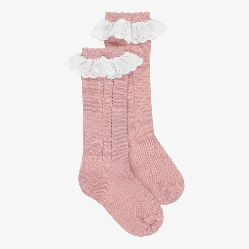 Meia Pata-Girls Pink Frilly Knee High Socks | Childrensalon