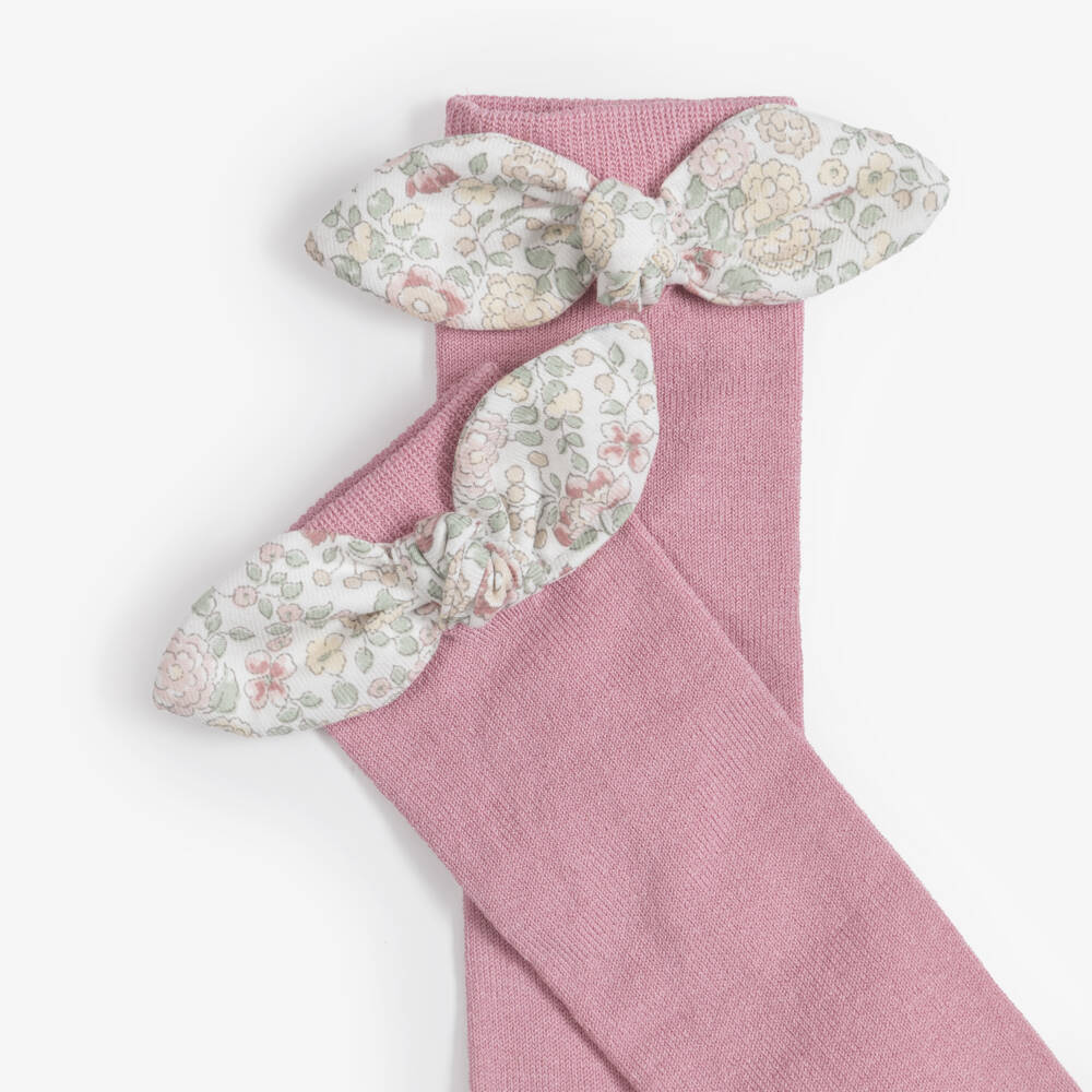 Meia Pata-Girls Pink Knee High Socks with Floral Bow | Childrensalon