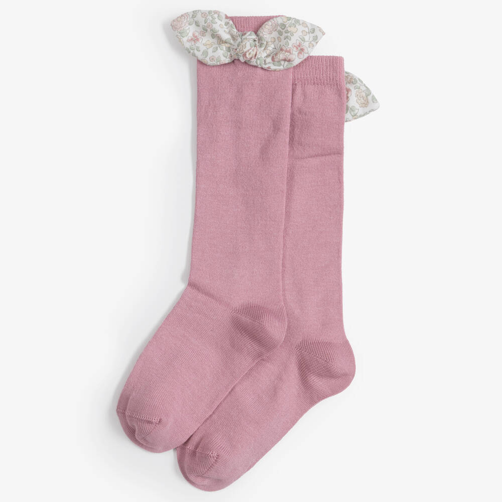 Meia Pata-Girls Pink Knee High Socks with Floral Bow | Childrensalon