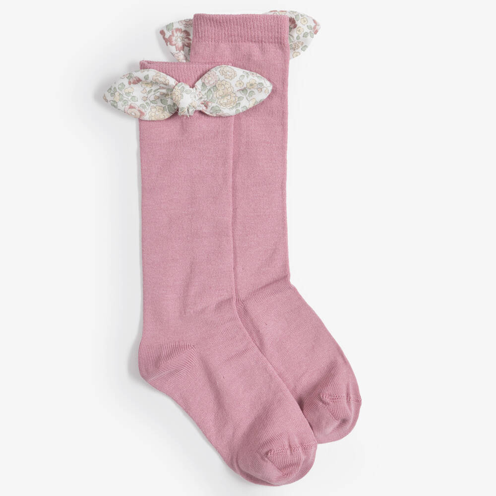 Meia Pata-Girls Pink Knee High Socks with Floral Bow | Childrensalon