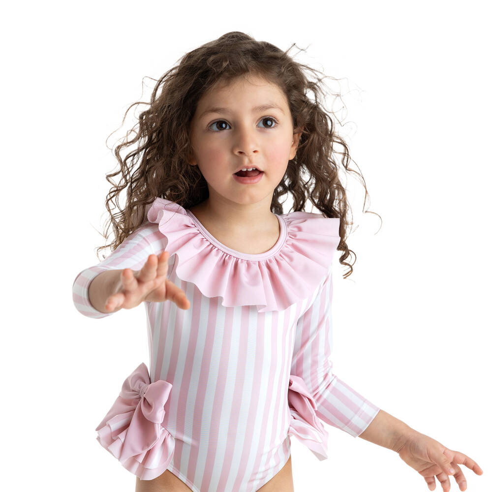 Meia Pata-Girls Pink Striped Swimsuit (UPF50+) | Childrensalon