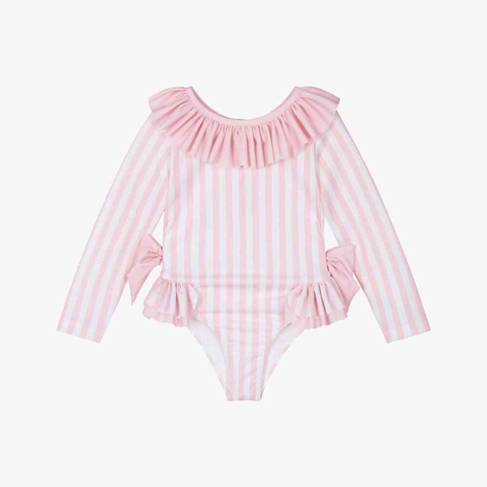 Meia Pata-Girls Pink Striped Swimsuit (UPF50+) | Childrensalon