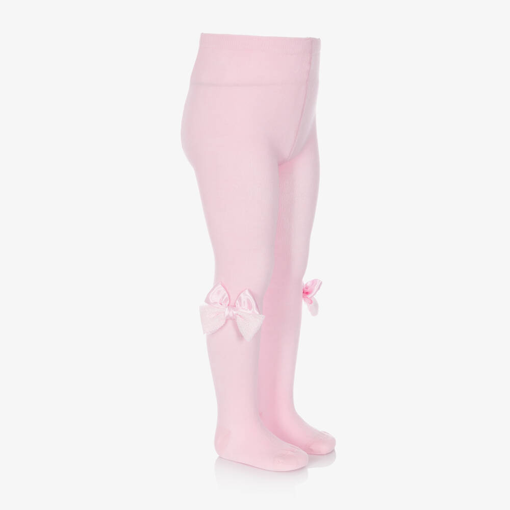 Meia Pata-Girls Pink Tights with Satin & Lace Bows | Childrensalon