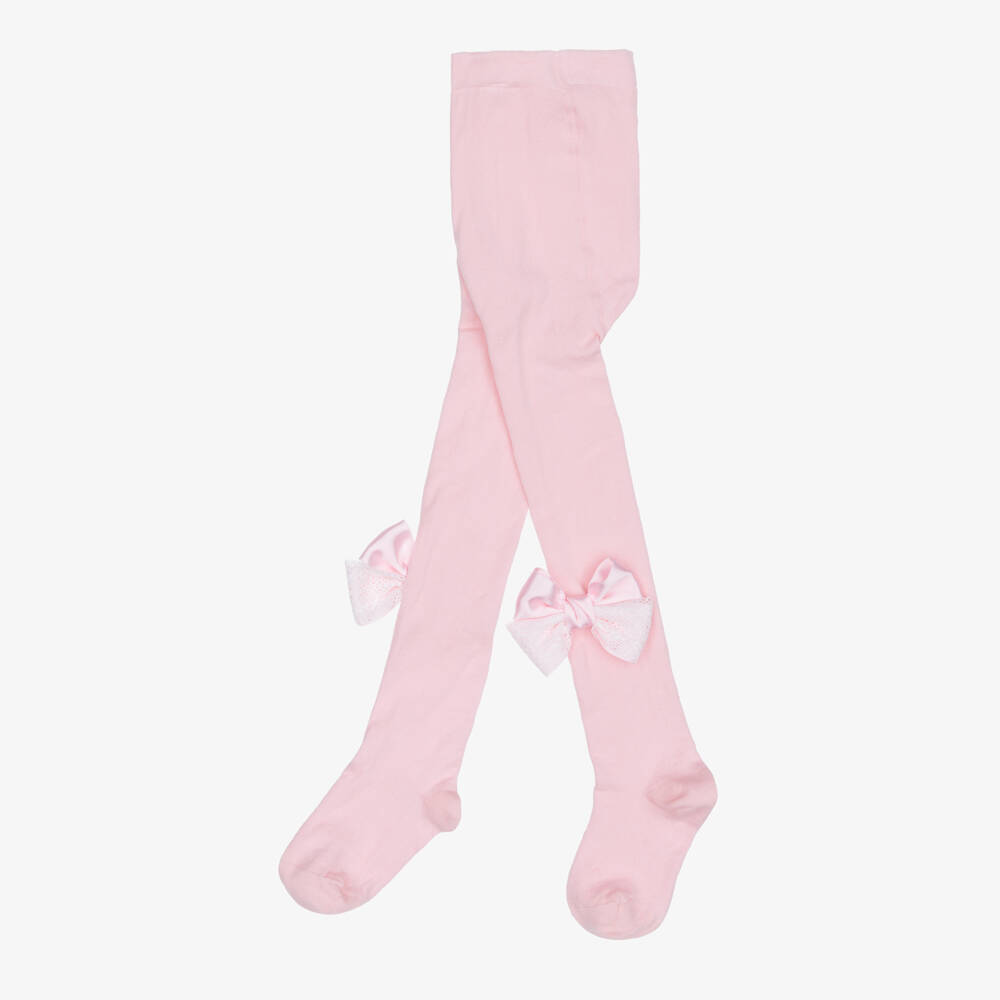 Meia Pata-Girls Pink Tights with Satin & Lace Bows | Childrensalon