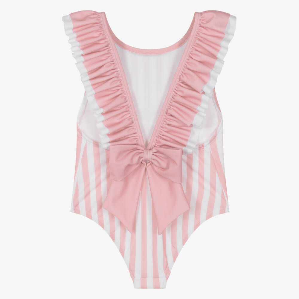 Meia Pata-Girls Pink & White Ruffle Swimsuit with Candy Stripes (UPF50+) | Childrensalon