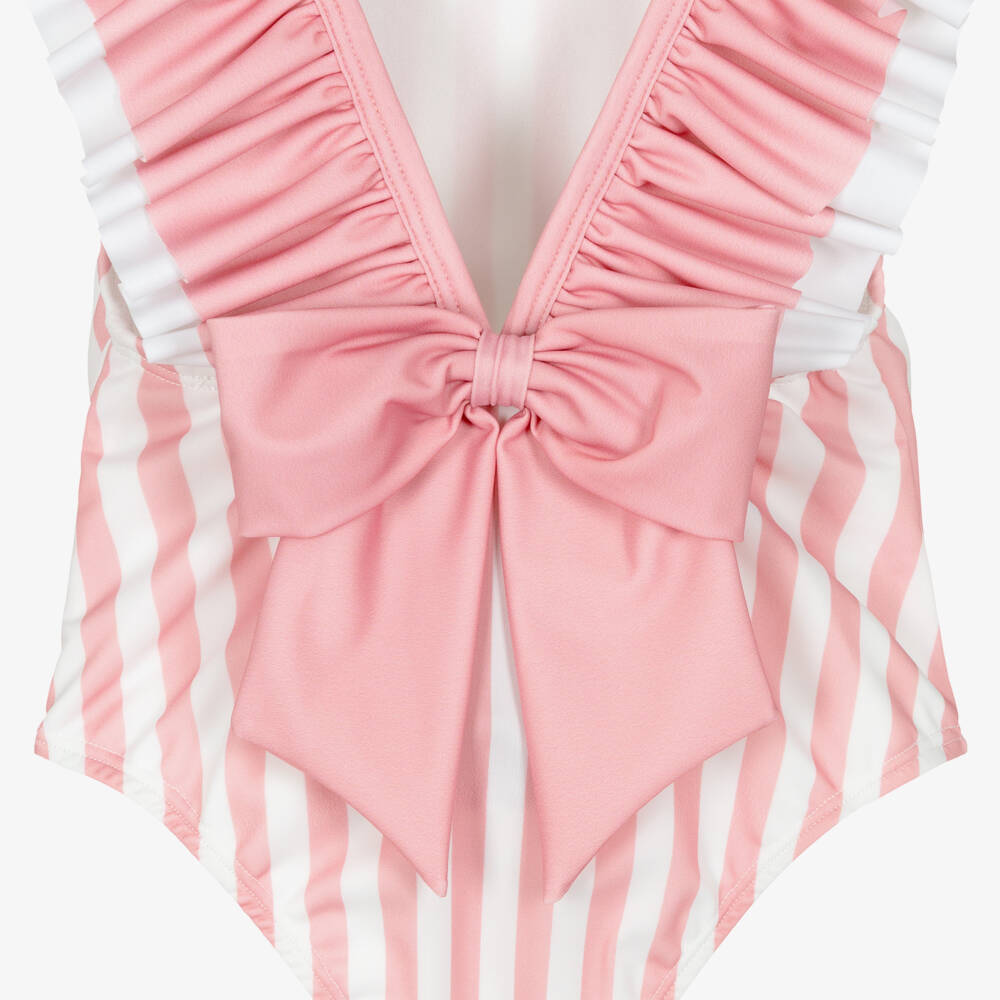 Meia Pata-Girls Pink & White Ruffle Swimsuit with Candy Stripes (UPF50+) | Childrensalon