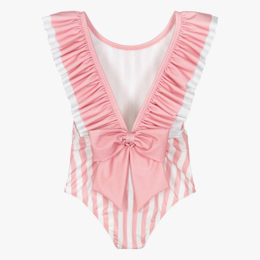 Meia Pata-Girls Pink & White Ruffle Swimsuit with Candy Stripes (UPF50+) | Childrensalon