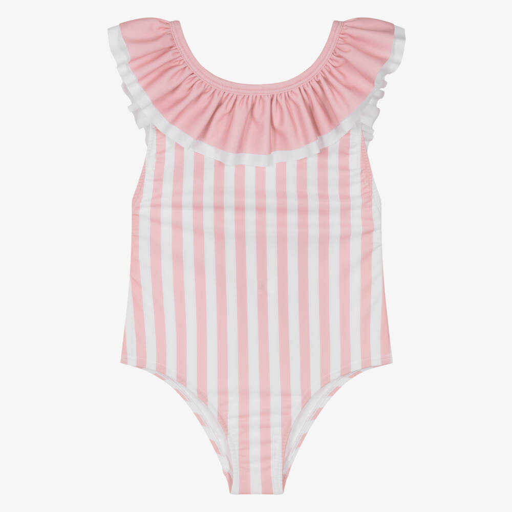 Meia Pata-Girls Pink & White Ruffle Swimsuit with Candy Stripes (UPF50+) | Childrensalon