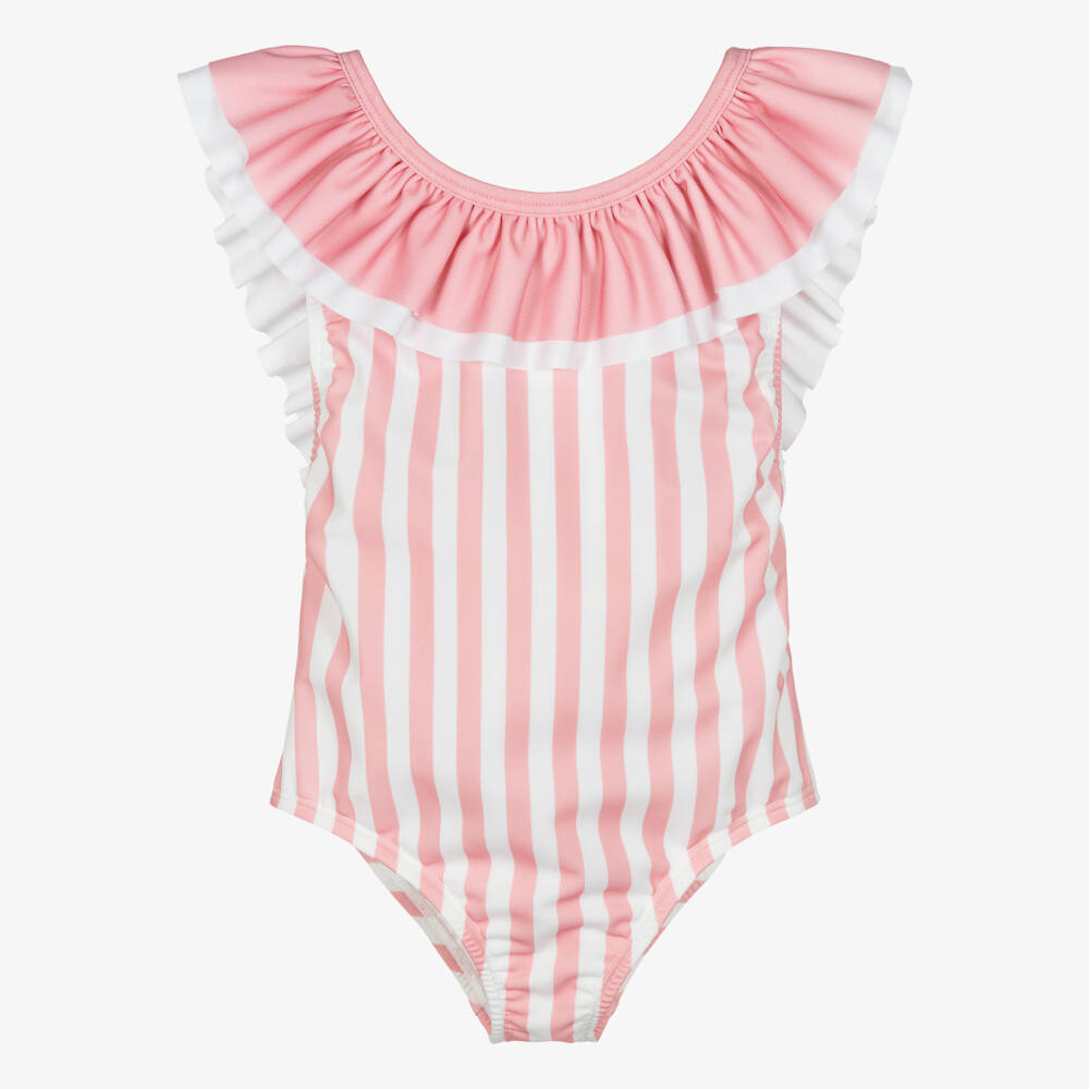 Meia Pata-Girls Pink & White Ruffle Swimsuit with Candy Stripes (UPF50+) | Childrensalon