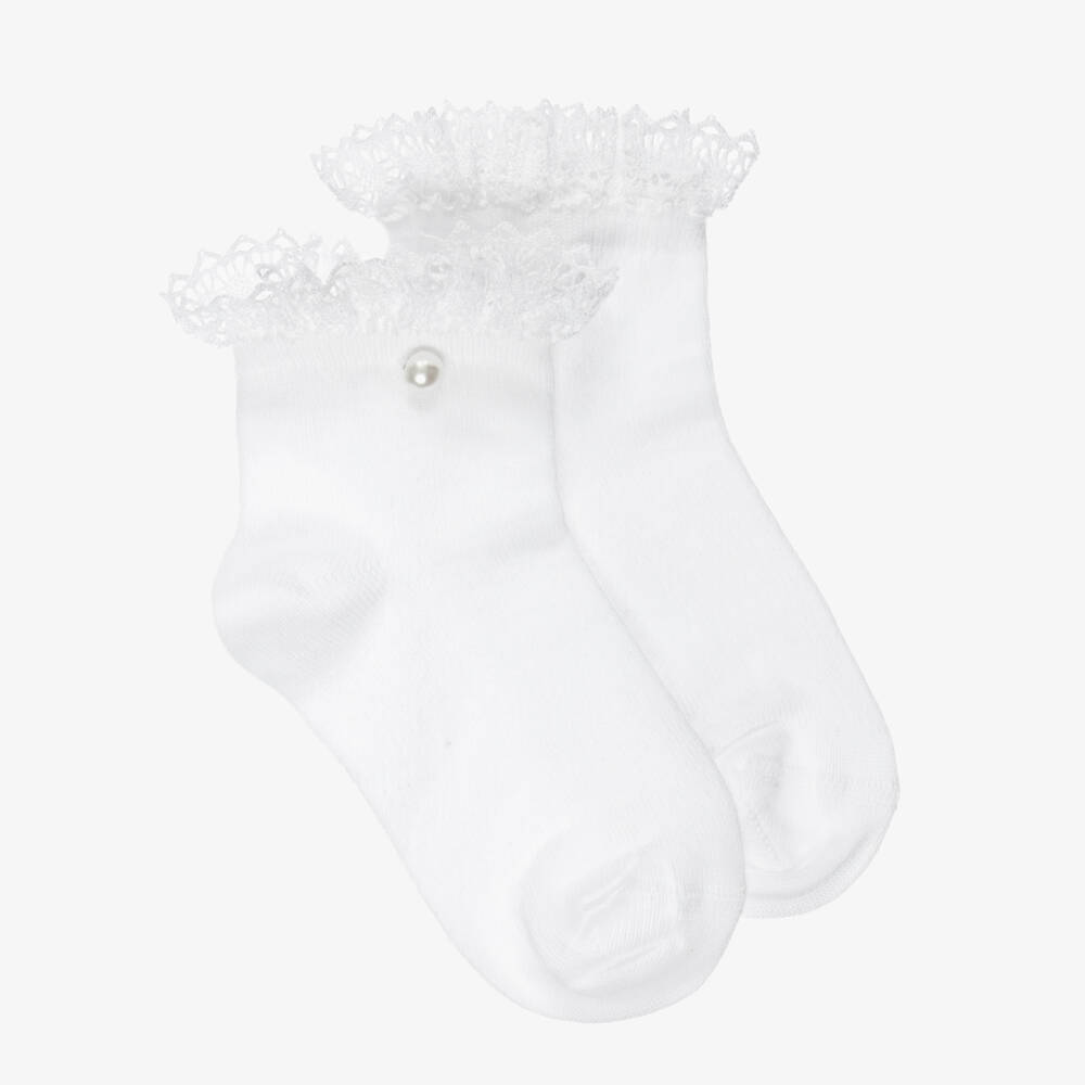 Meia Pata-Girls White Ankle Socks with Lace Trim | Childrensalon