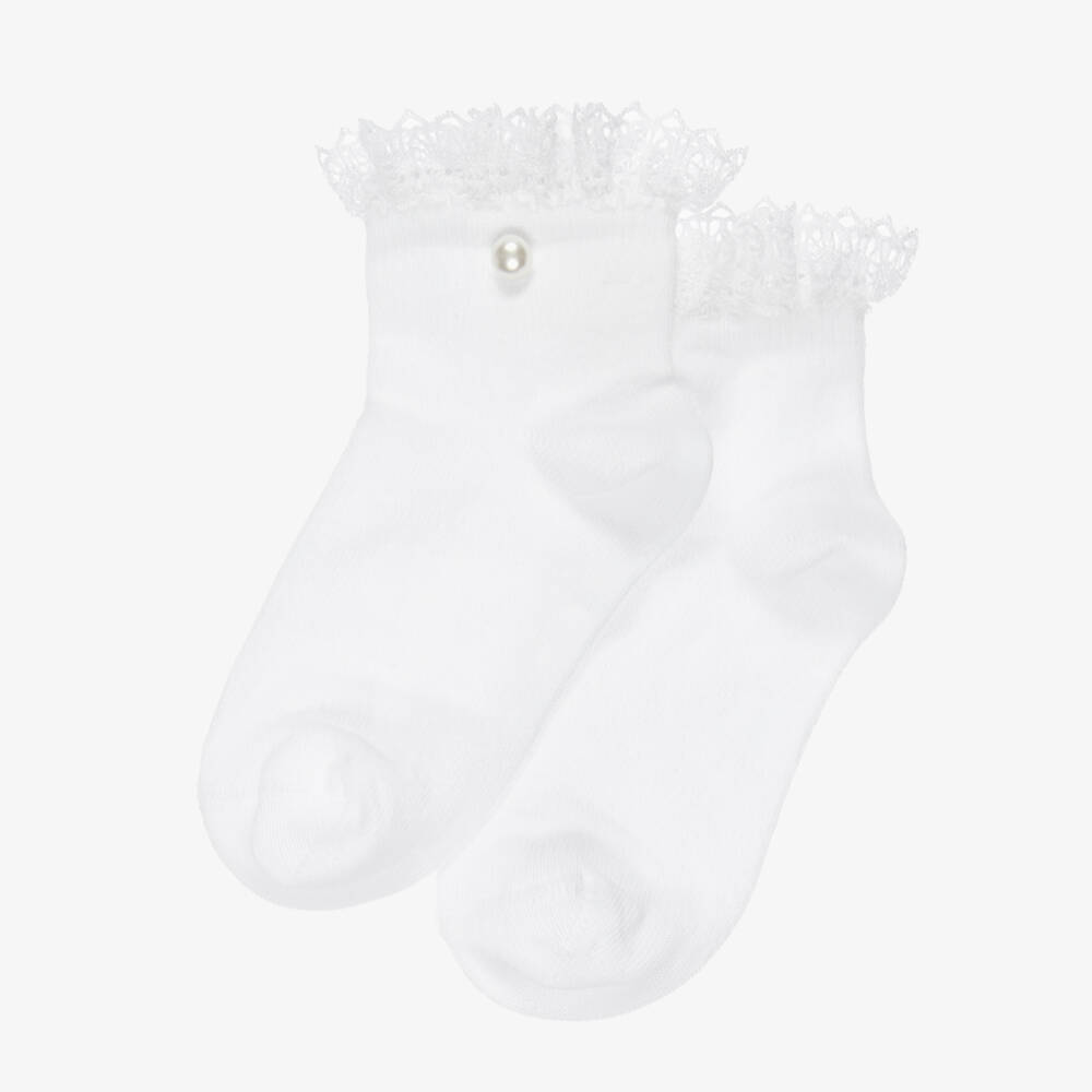 Meia Pata-Girls White Ankle Socks with Lace Trim | Childrensalon