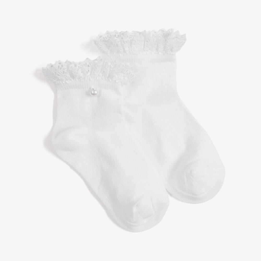 Meia Pata-Girls White Ankle Socks with Lace Trim | Childrensalon