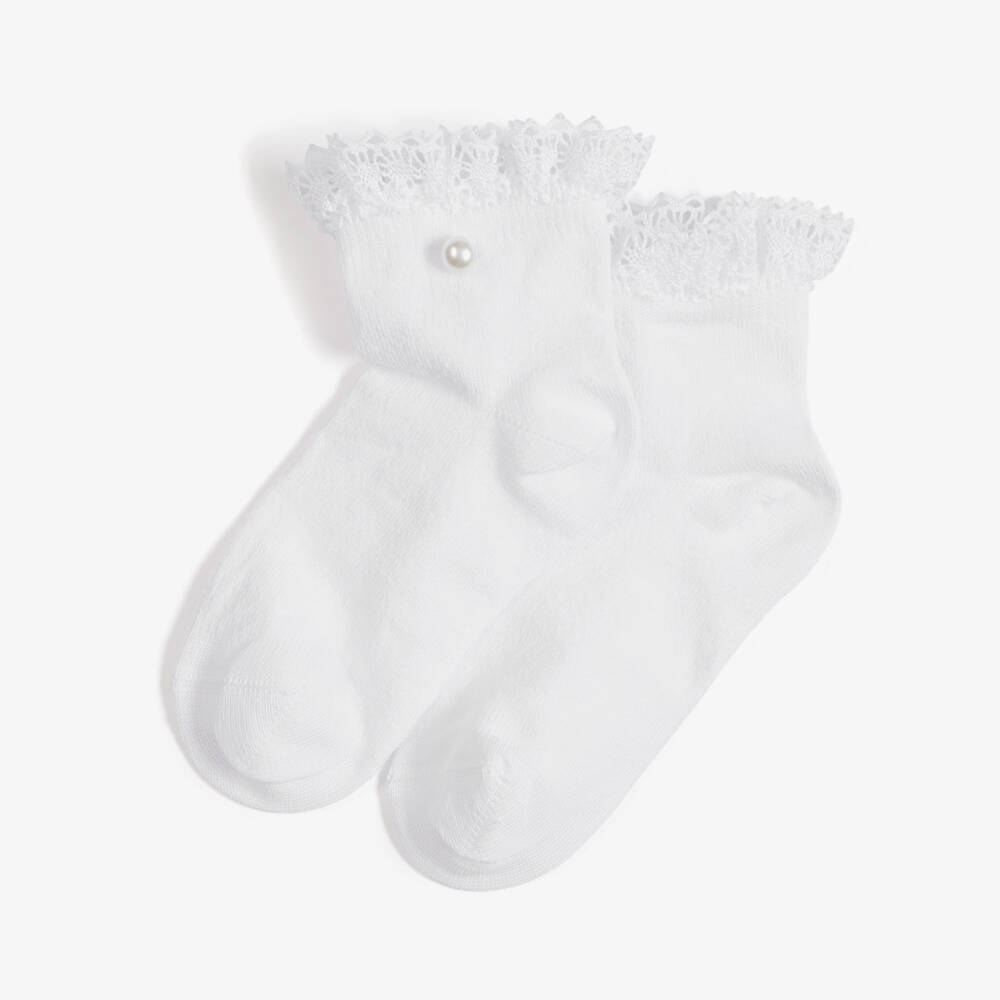 Meia Pata-Girls White Ankle Socks with Lace Trim | Childrensalon