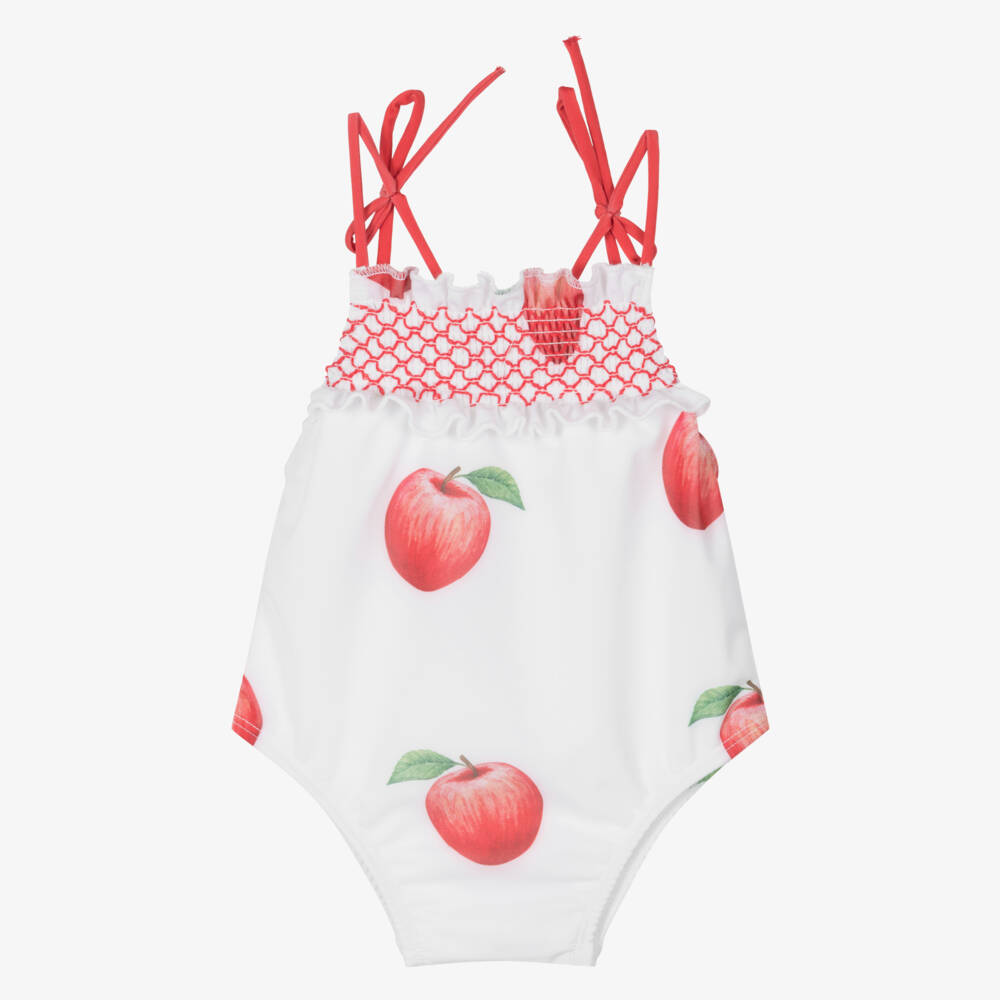 Meia Pata-Girls White Apple Print Swimsuit (UPF50+) | Childrensalon