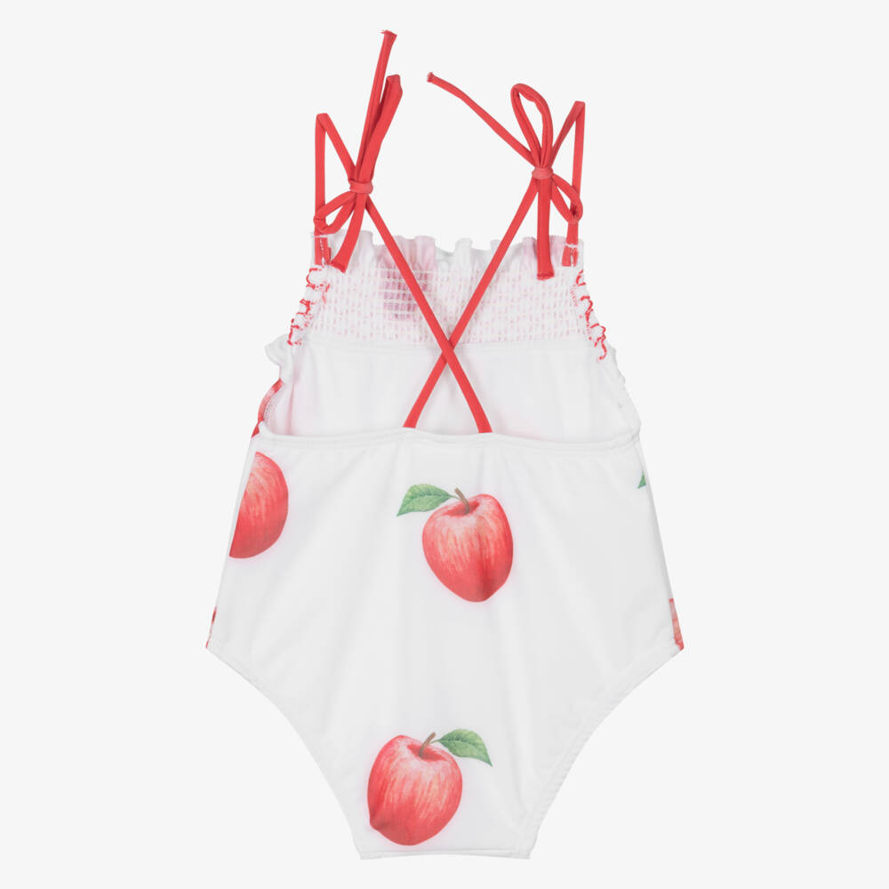 Meia Pata-Girls White Apple Print Swimsuit (UPF50+) | Childrensalon
