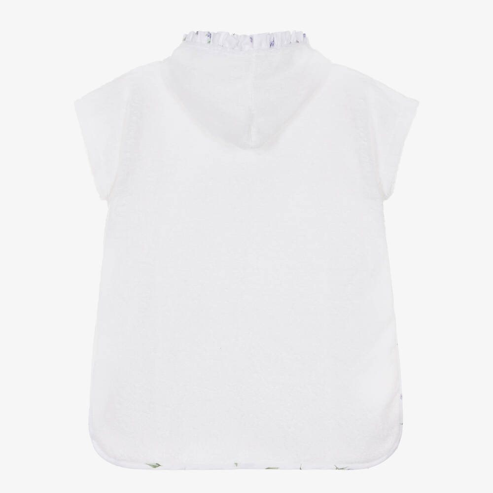 Meia Pata-Girls White Cotton Hooded Poncho Towel with Lilac Floral Trims | Childrensalon