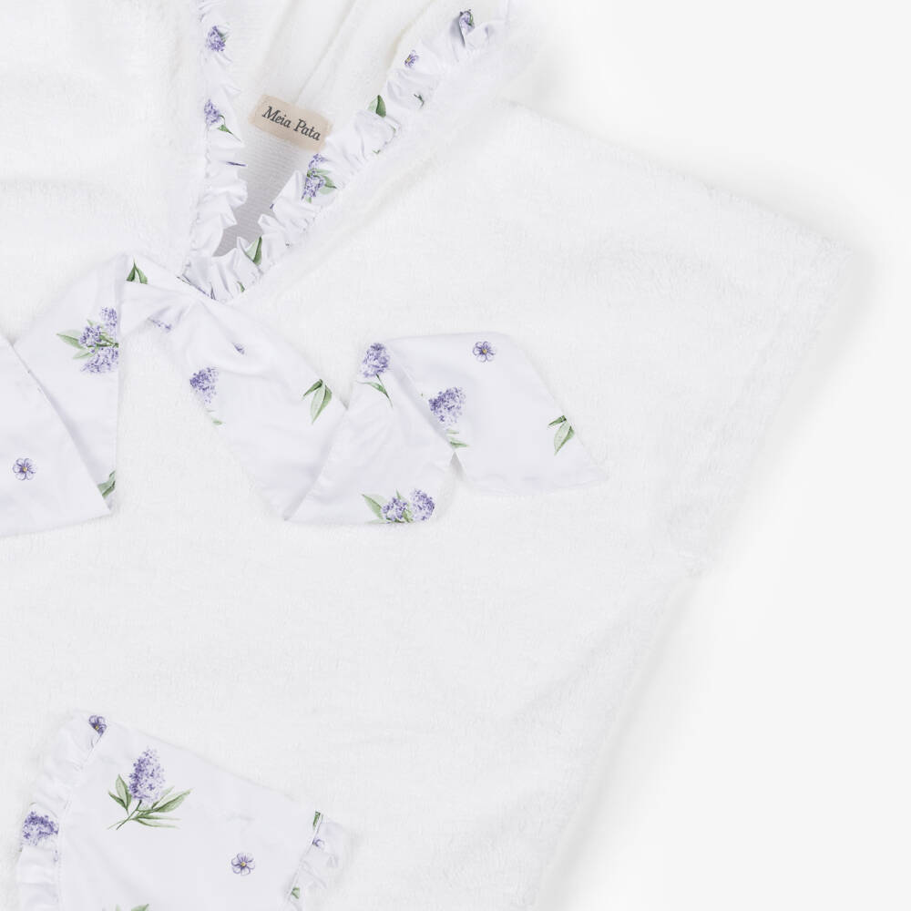 Meia Pata-Girls White Cotton Hooded Poncho Towel with Lilac Floral Trims | Childrensalon