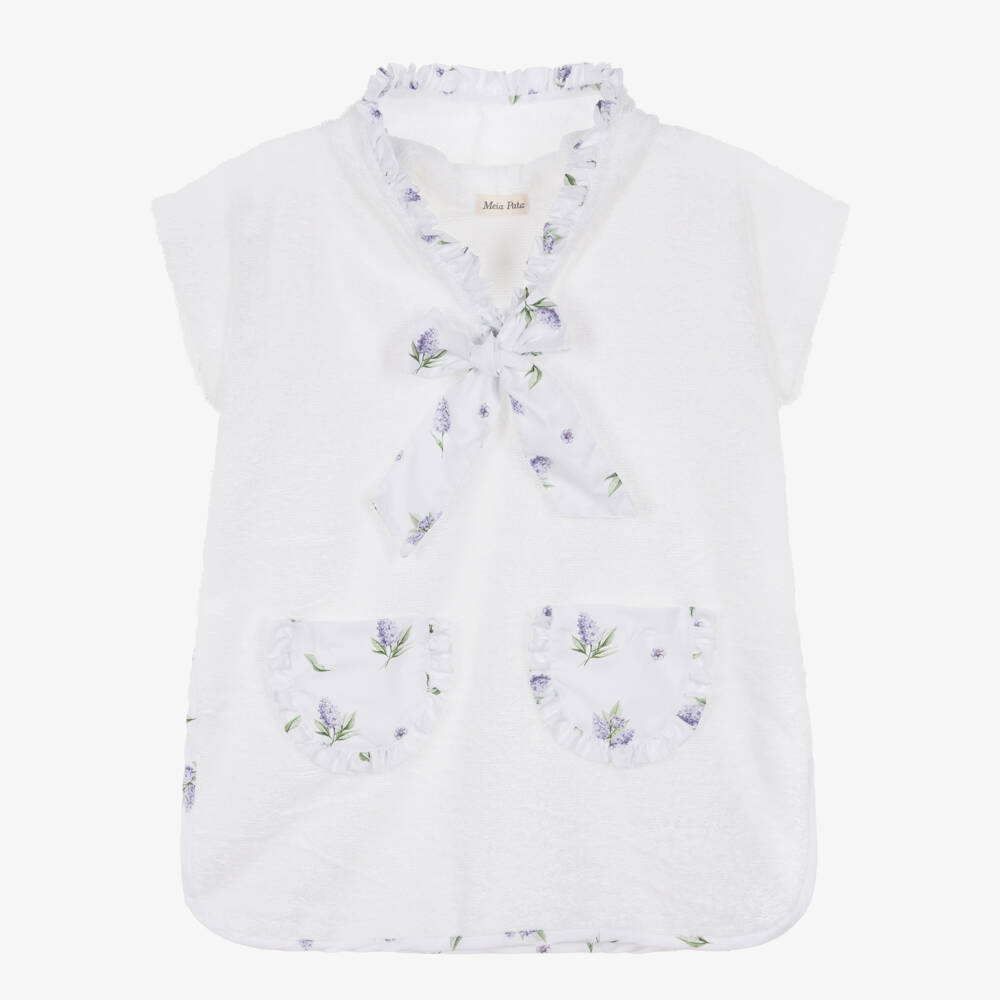 Meia Pata-Girls White Cotton Hooded Poncho Towel with Lilac Floral Trims | Childrensalon