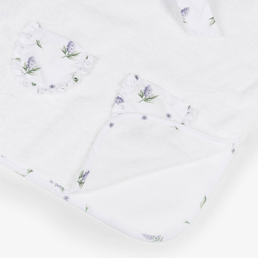 Meia Pata-Girls White Cotton Hooded Poncho Towel with Lilac Floral Trims | Childrensalon