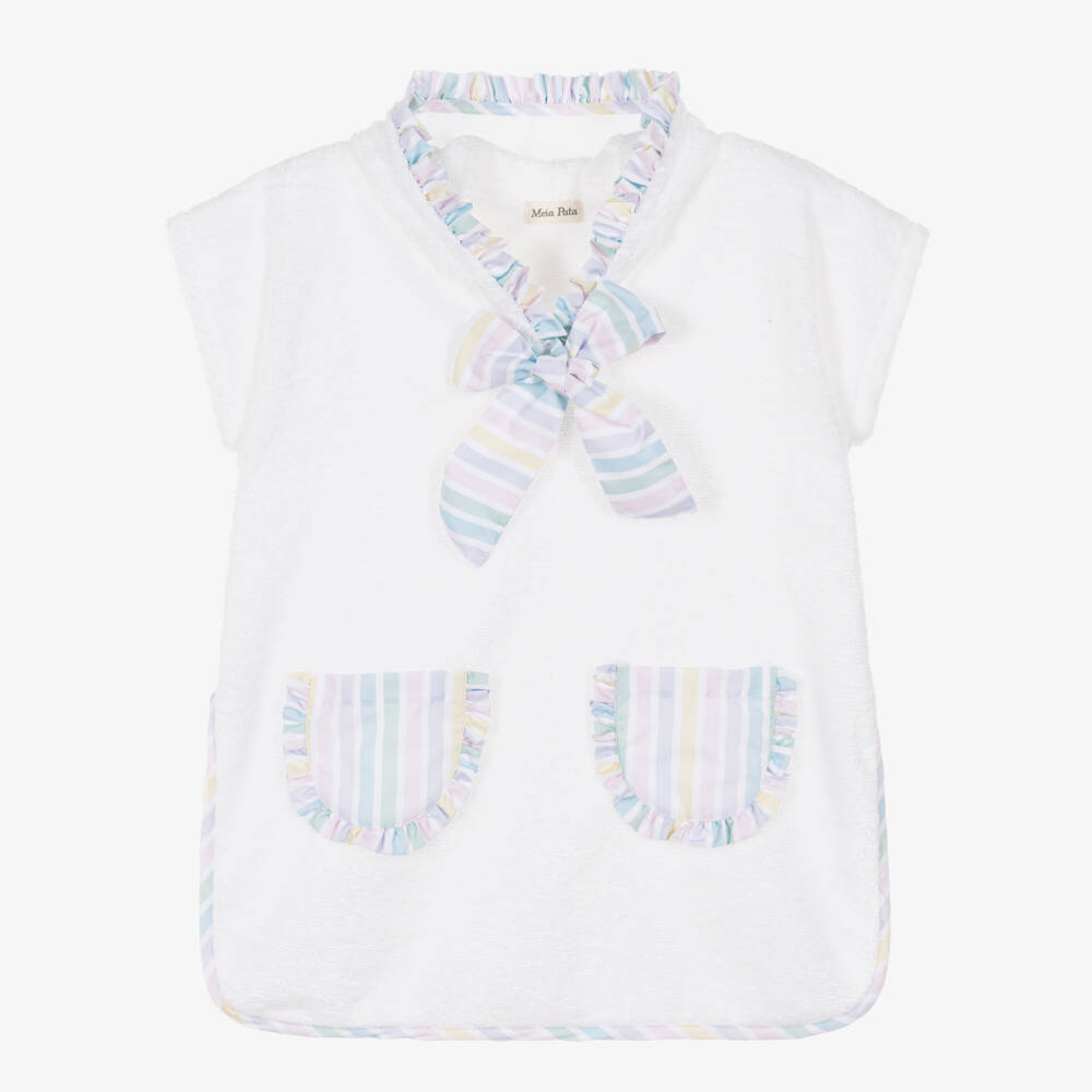 Meia Pata-Girls White Cotton Hooded Poncho Towel with Pastel Striped Trims | Childrensalon