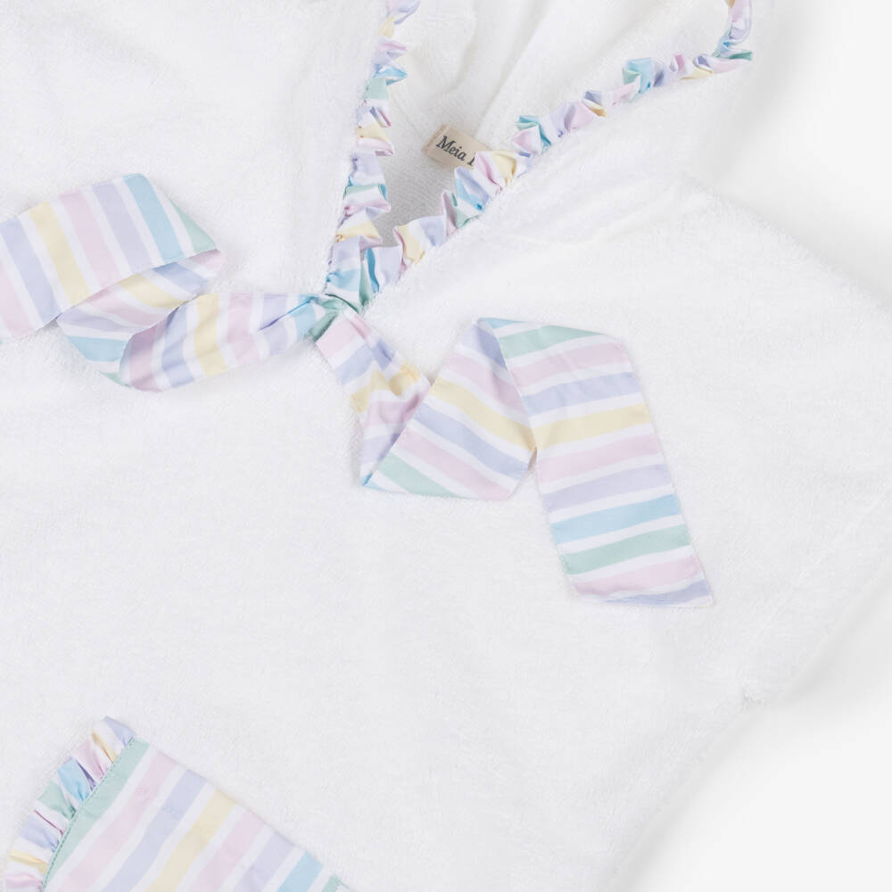 Meia Pata-Girls White Cotton Hooded Poncho Towel with Pastel Striped Trims | Childrensalon