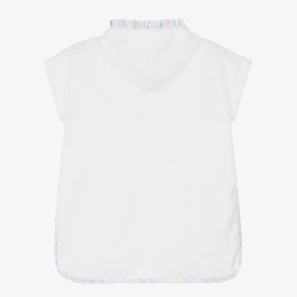 Meia Pata-Girls White Cotton Hooded Poncho Towel with Pastel Striped Trims | Childrensalon