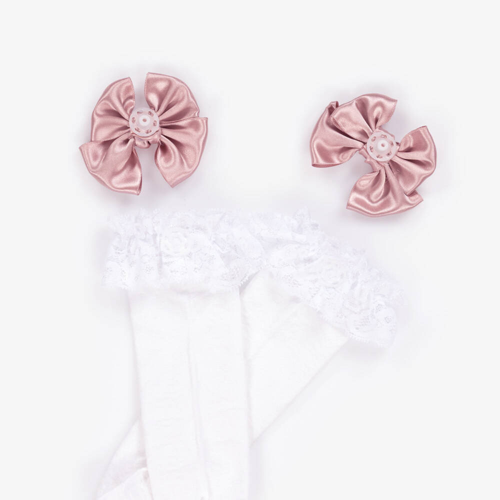 Meia Pata-Girls White Knee High Lace Socks with Bows | Childrensalon