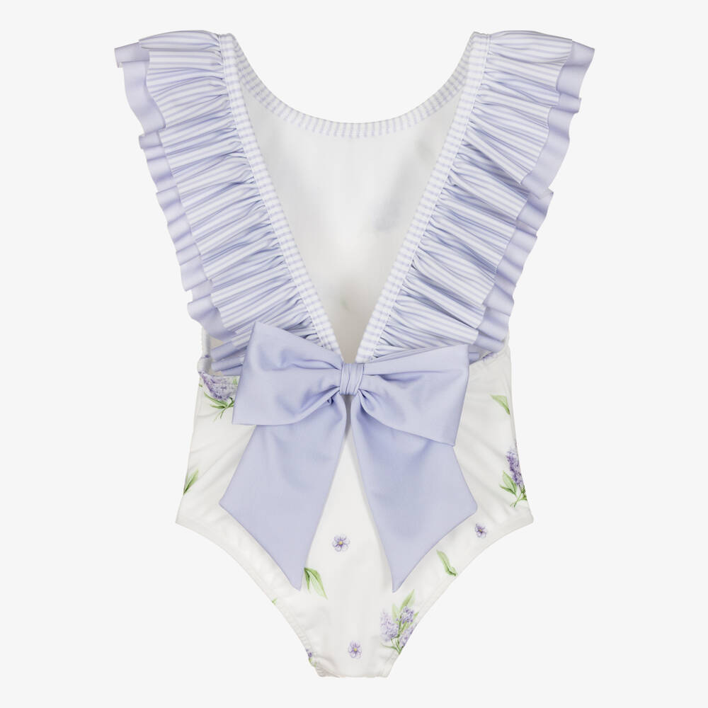 Meia Pata-Girls White & Lilac Ruffle Swimsuit with Floral Print (UPF50+) | Childrensalon
