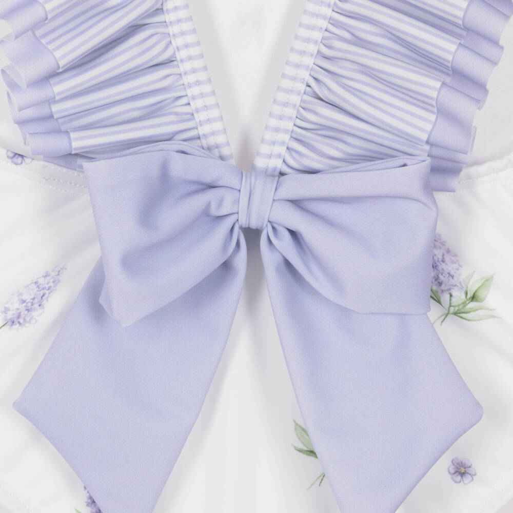 Meia Pata-Girls White & Lilac Ruffle Swimsuit with Floral Print (UPF50+) | Childrensalon