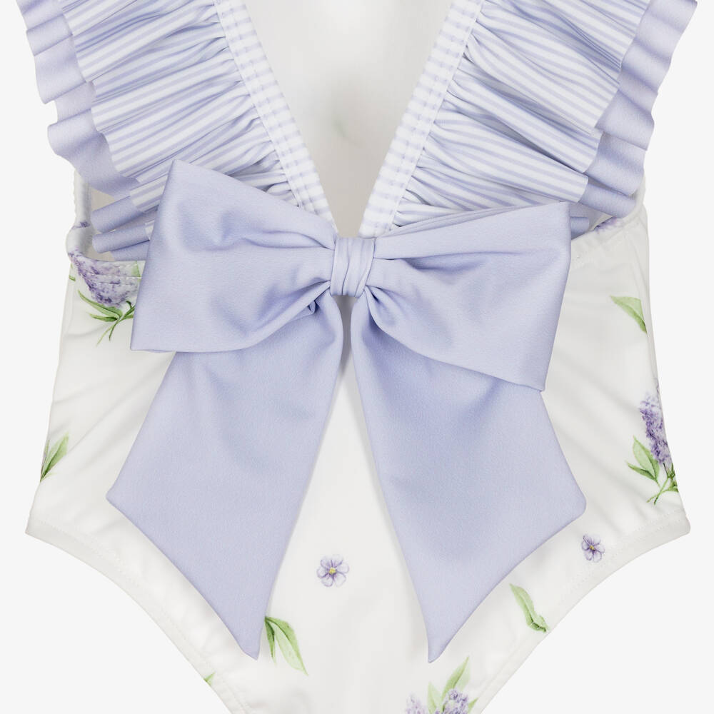 Meia Pata-Girls White & Lilac Ruffle Swimsuit with Floral Print (UPF50+) | Childrensalon