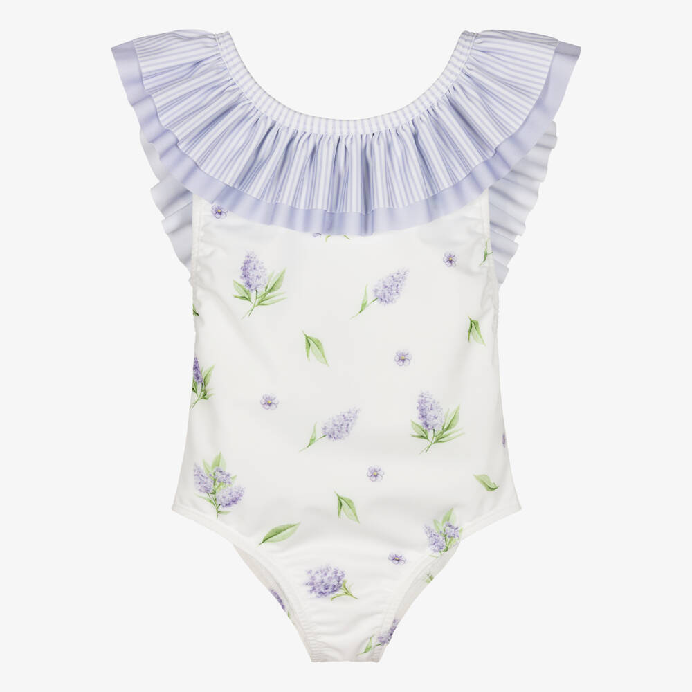 Meia Pata-Girls White & Lilac Ruffle Swimsuit with Floral Print (UPF50+) | Childrensalon