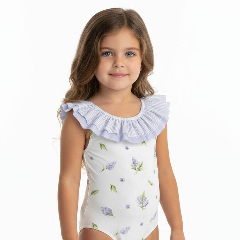 Meia Pata Girls White Lilac Ruffle Swimsuit With Floral Print Meia Pata Girls White Lilac Ruffle Swimsuit With Floral Print