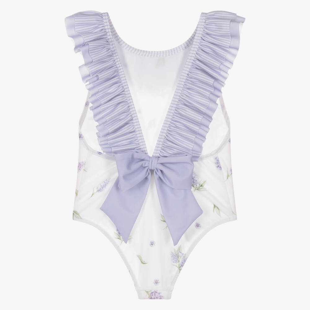 Meia Pata-Girls White & Lilac Ruffle Swimsuit with Floral Print (UPF50+) | Childrensalon