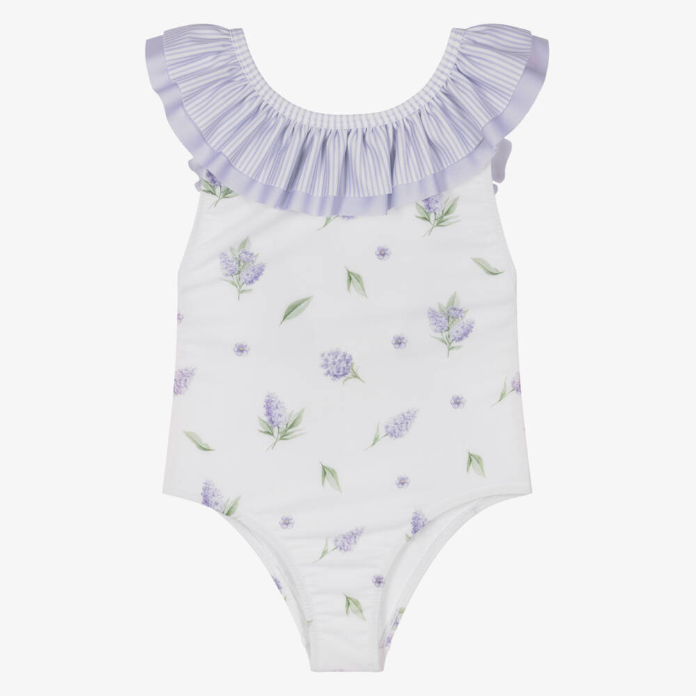 Meia Pata-Girls White & Lilac Ruffle Swimsuit with Floral Print (UPF50+) | Childrensalon