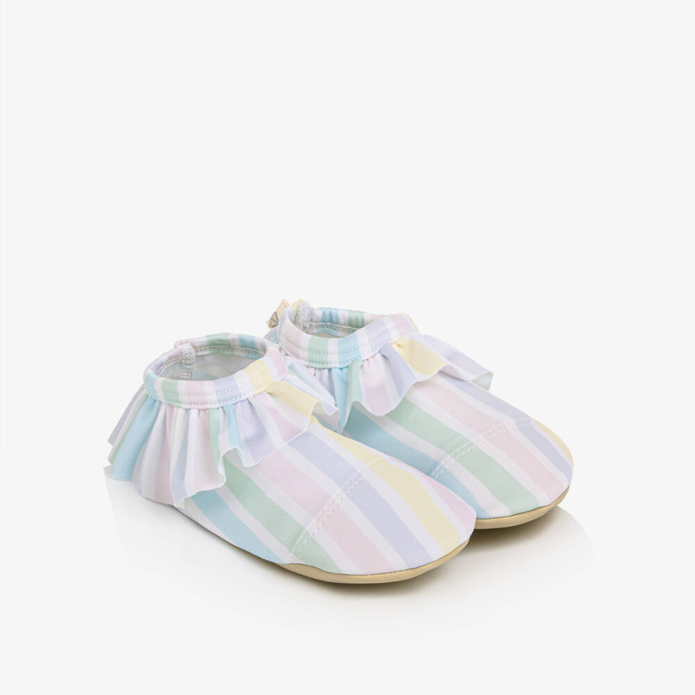 Meia Pata-Girls White & Pastel Striped Aqua Shoes (UPF50+) | Childrensalon