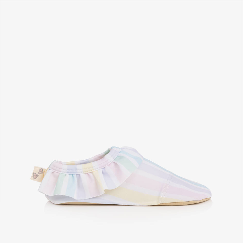 Meia Pata-Girls White & Pastel Striped Aqua Shoes (UPF50+) | Childrensalon